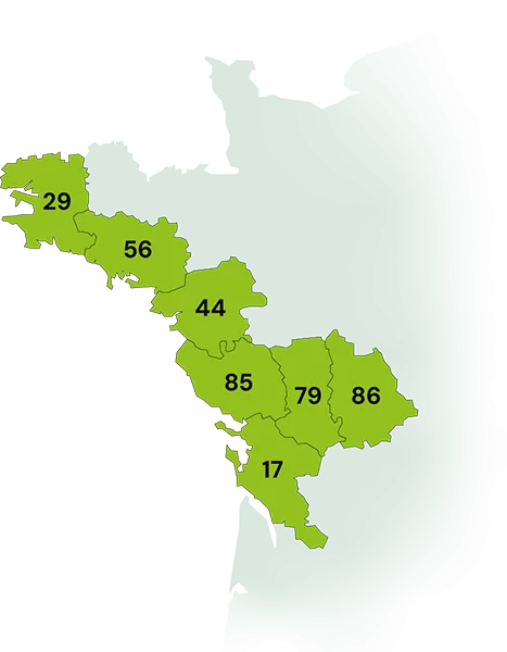La carte des départements de France où agit l'entreprise Techni-Vert.